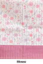 Cream floral design tussar saree with contrast border and floral print blouse