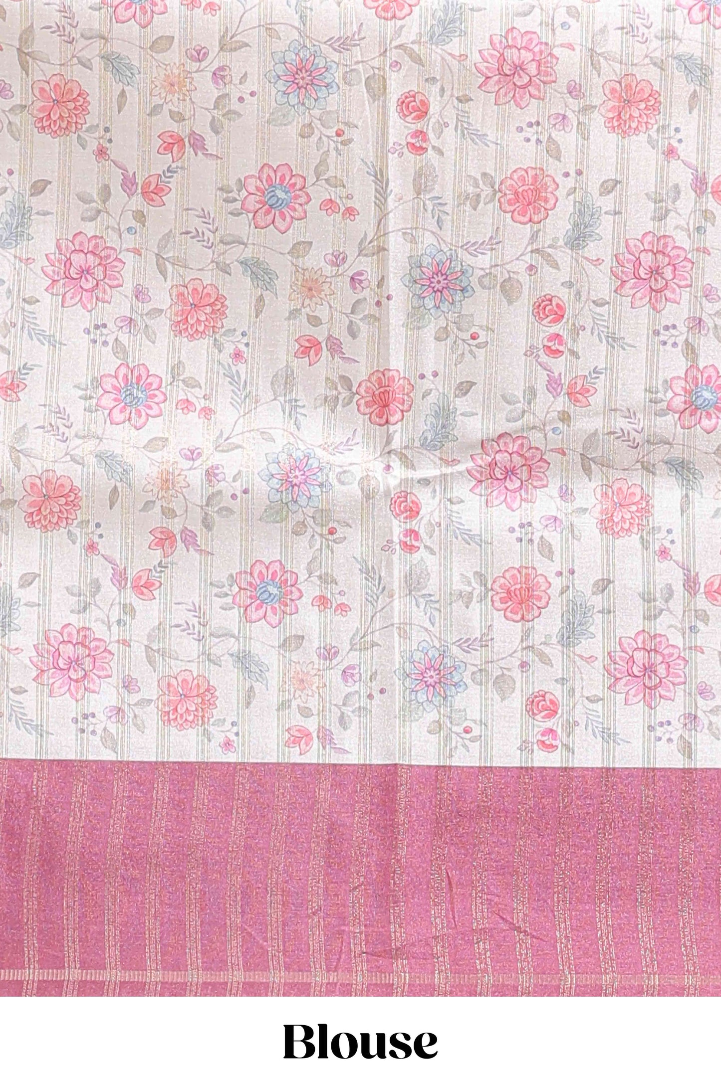 Cream floral design tussar saree with contrast border and floral print blouse