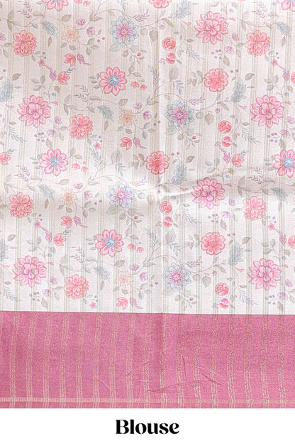 Cream floral design tussar saree with contrast border and floral print blouse