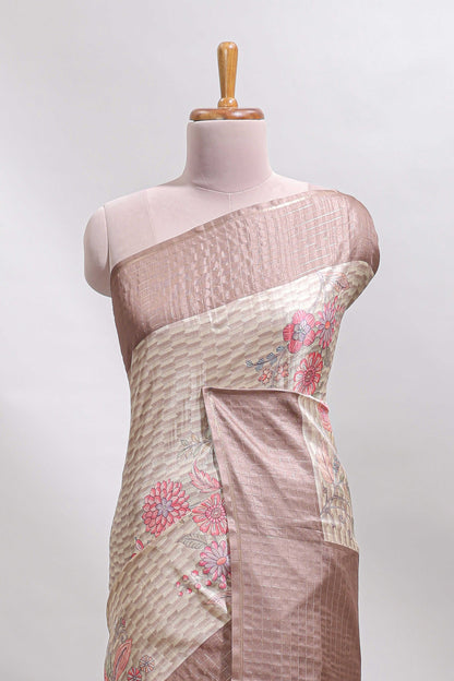 Beige geometric floral design tussar saree with contrast border and floral print blouse