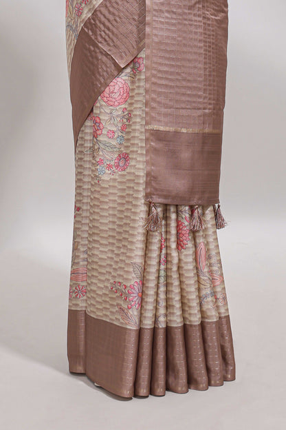 Beige geometric floral design tussar saree with contrast border and floral print blouse