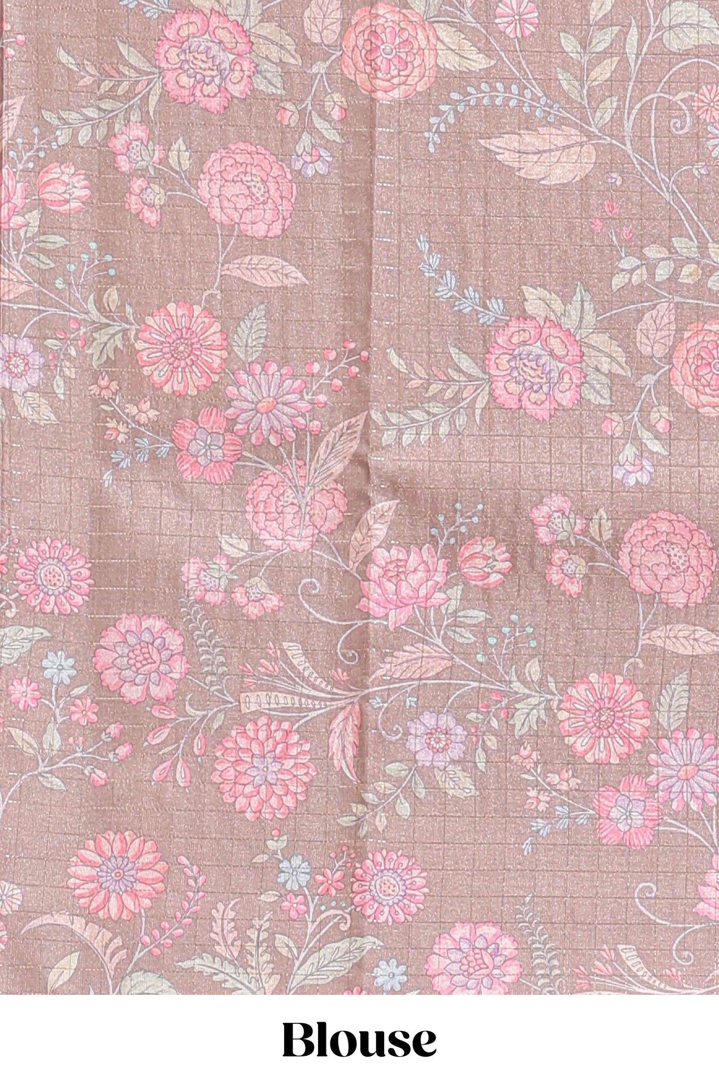 Beige geometric floral design tussar saree with contrast border and floral print blouse