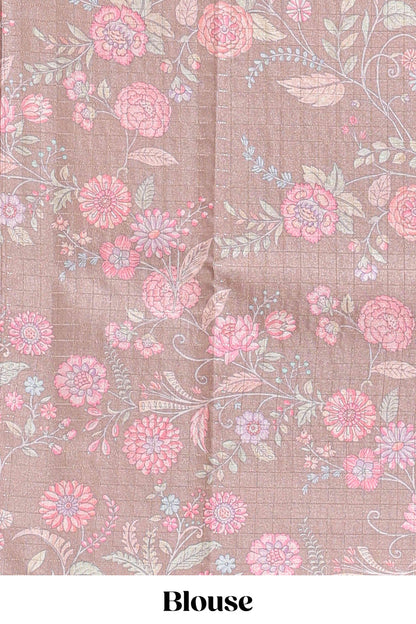 Beige geometric floral design tussar saree with contrast border and floral print blouse