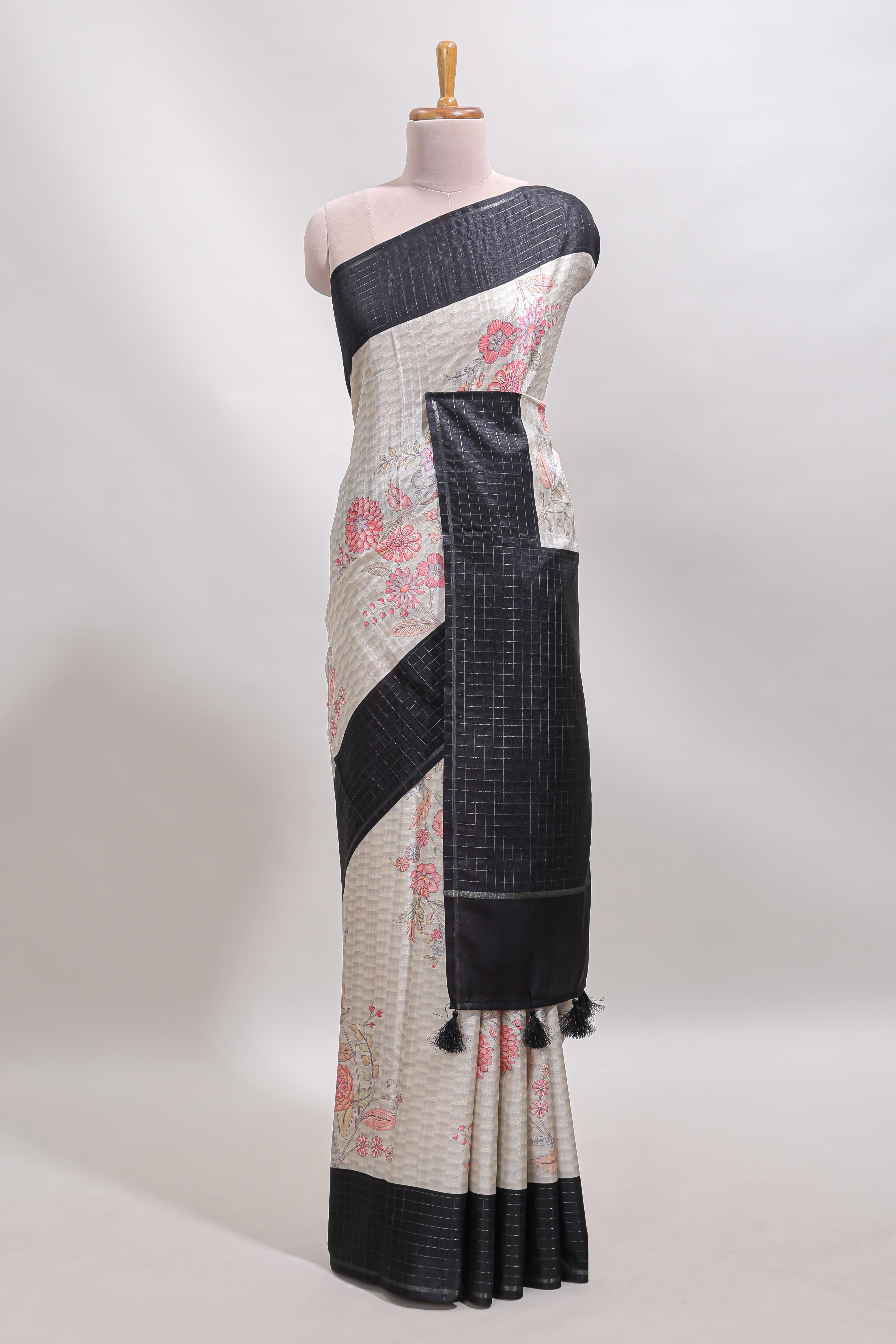 Grey geometric floral design tussar saree with contrast border and floral print blouse