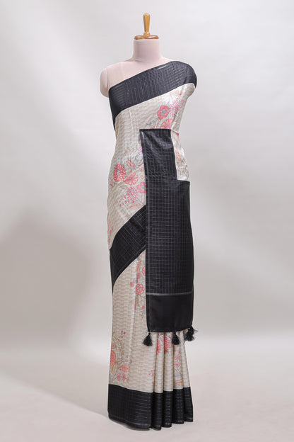 Grey geometric floral design tussar saree with contrast border and floral print blouse