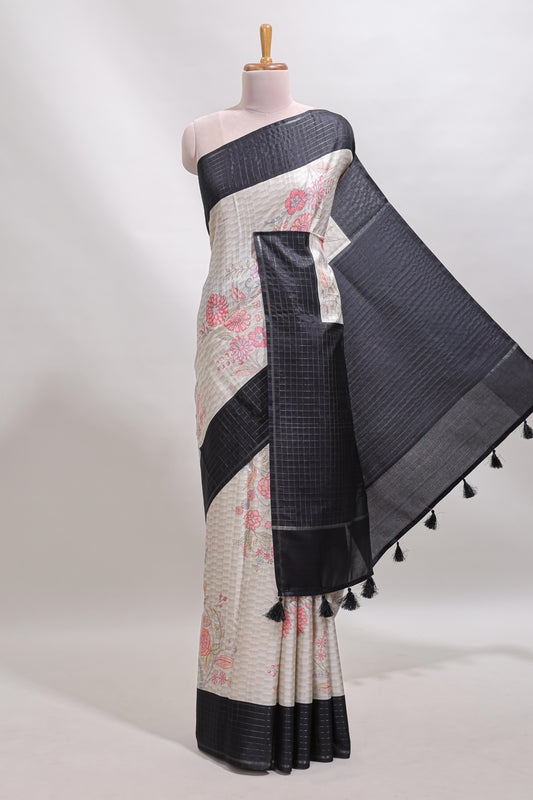 Grey geometric floral design tussar saree with contrast border and floral print blouse