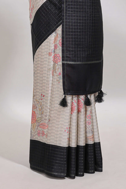 Grey geometric floral design tussar saree with contrast border and floral print blouse