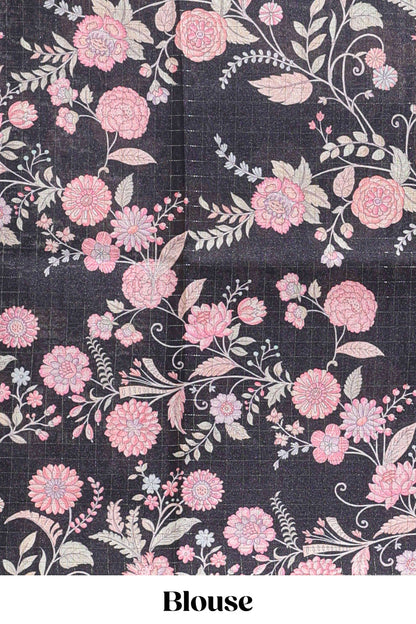 Grey geometric floral design tussar saree with contrast border and floral print blouse