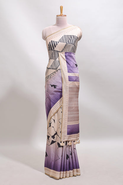 Beige geometric design tussar saree with self border and matching blouse