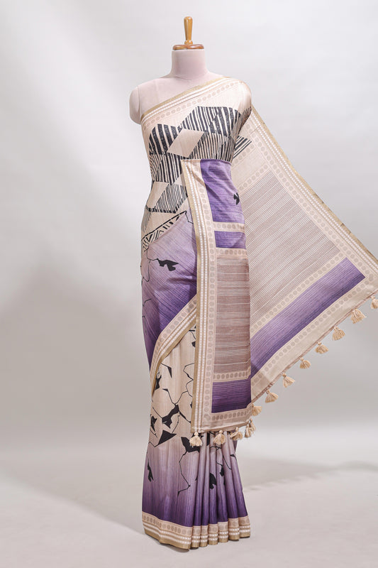 Beige geometric design tussar saree with self border and matching blouse