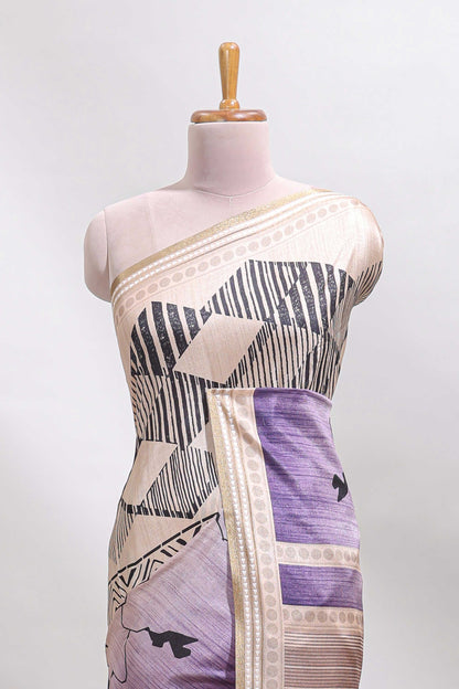 Beige geometric design tussar saree with self border and matching blouse