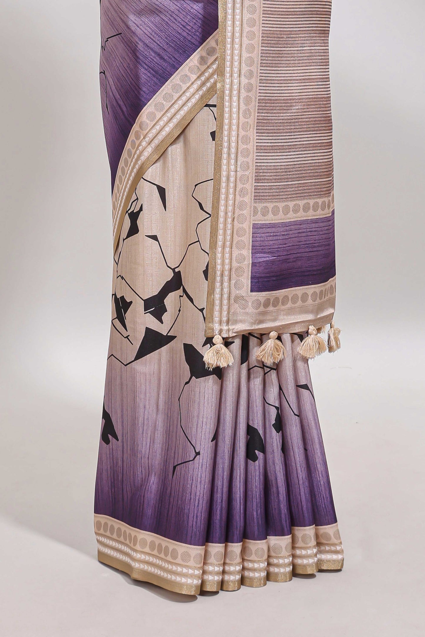 Beige geometric design tussar saree with self border and matching blouse