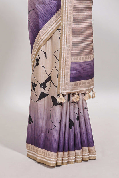 Beige geometric design tussar saree with self border and matching blouse