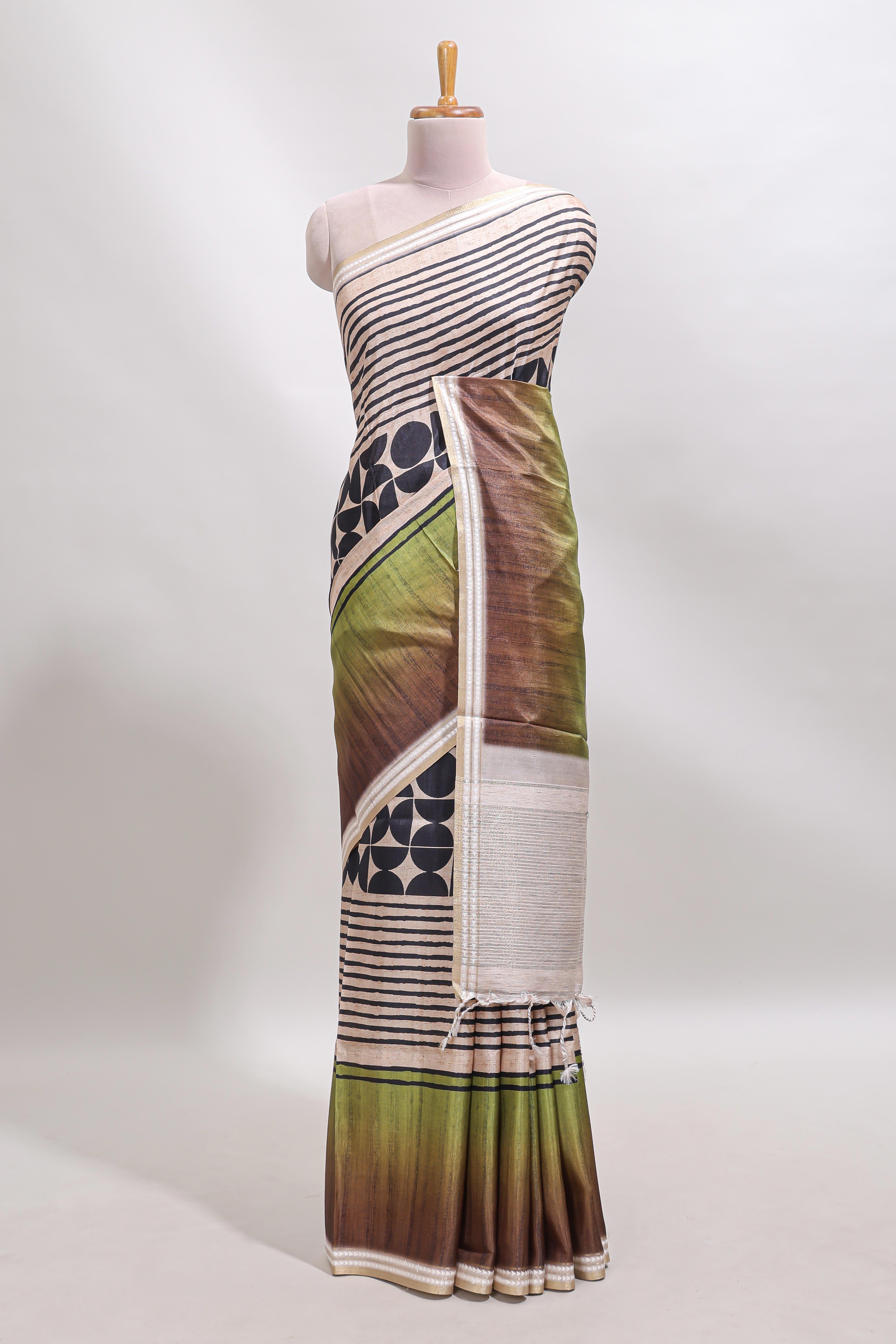 Beige geometric design tussar saree with self border and matching blouse