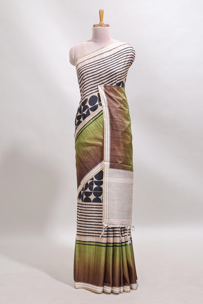 Beige geometric design tussar saree with self border and matching blouse