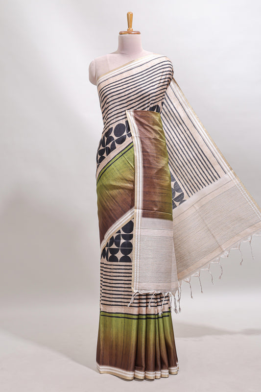 Beige geometric design tussar saree with self border and matching blouse