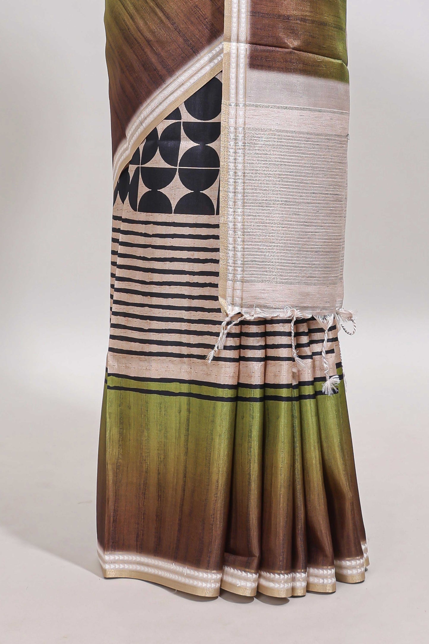 Beige geometric design tussar saree with self border and matching blouse