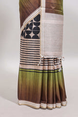 Beige geometric design tussar saree with self border and matching blouse