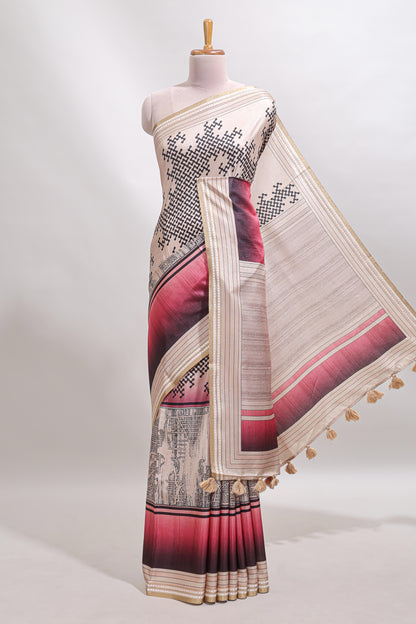 Beige geometric design tussar saree with self border and matching blouse