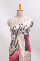 Beige geometric design tussar saree with self border and matching blouse