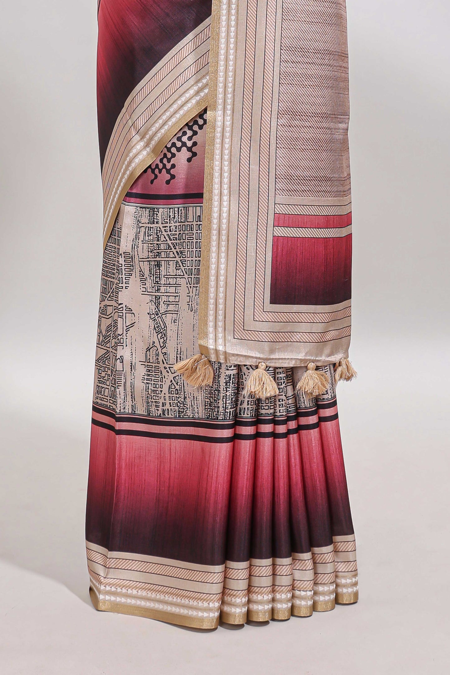 Beige geometric design tussar saree with self border and matching blouse