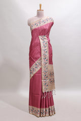 Pink striped tussar saree with contrast birds & floral design border and floral printed blouse