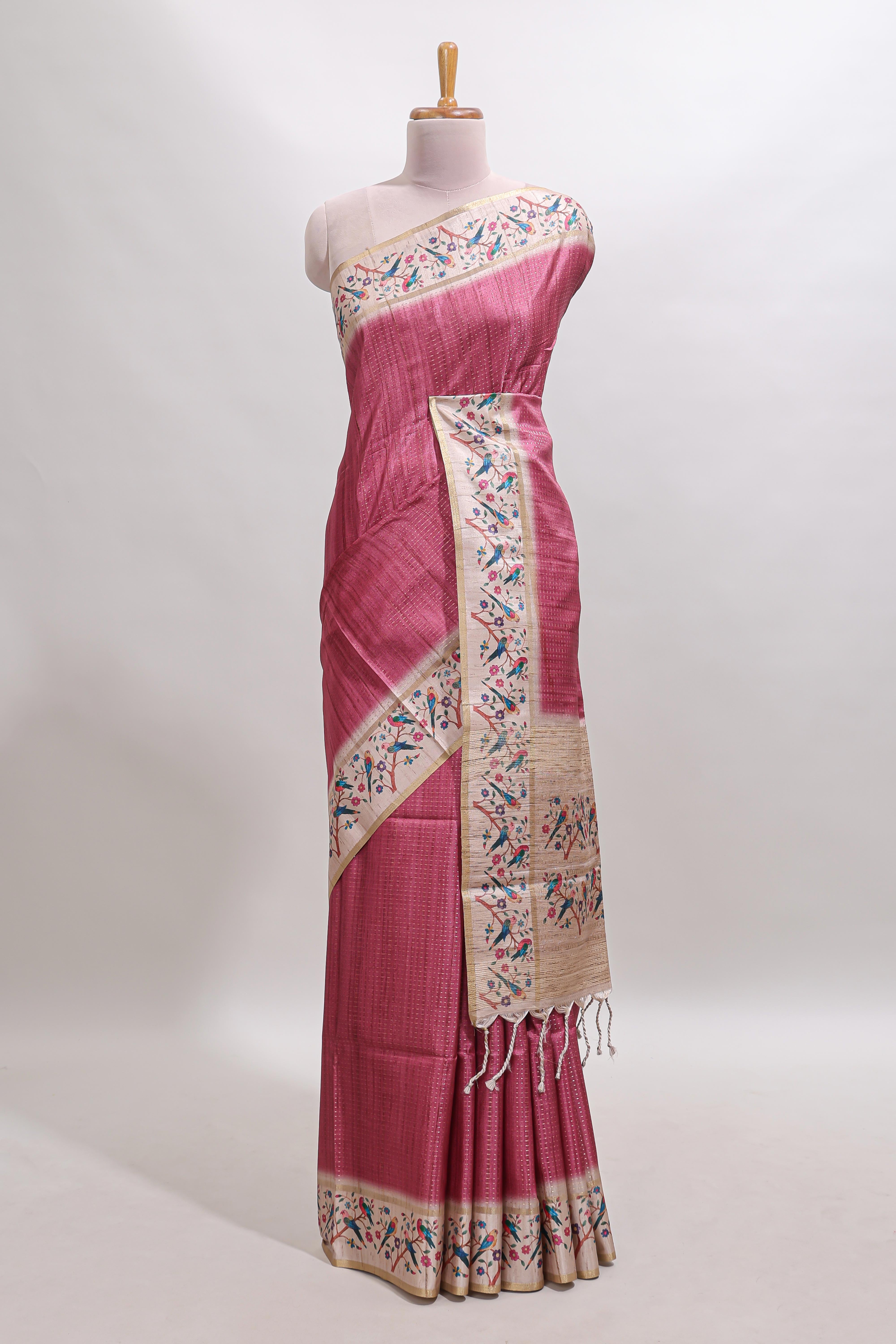 Pink striped tussar saree with contrast birds & floral design border and floral printed blouse