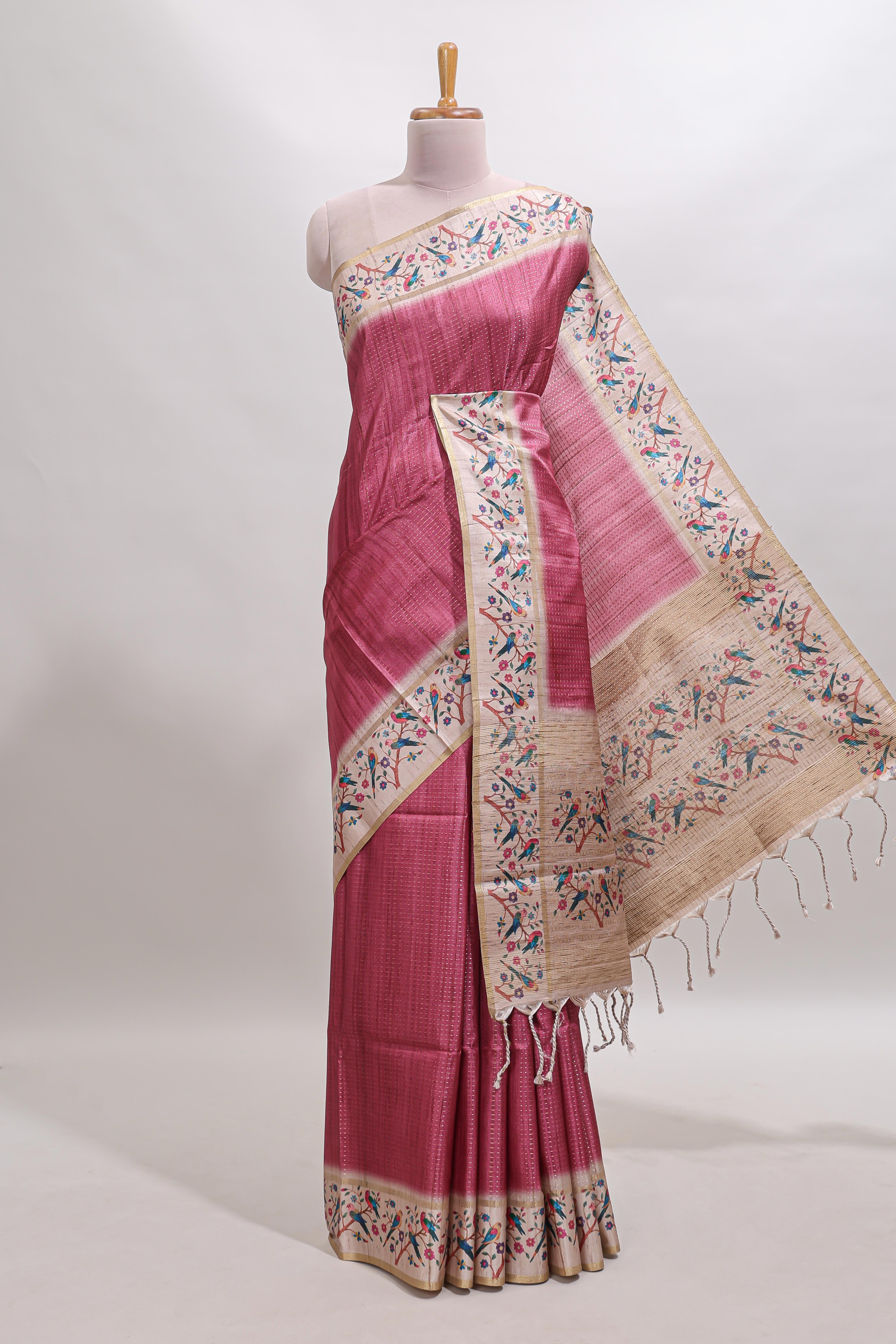 Pink striped tussar saree with contrast birds & floral design border and floral printed blouse