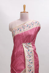 Pink striped tussar saree with contrast birds & floral design border and floral printed blouse