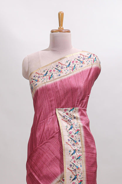 Pink striped tussar saree with contrast birds & floral design border and floral printed blouse