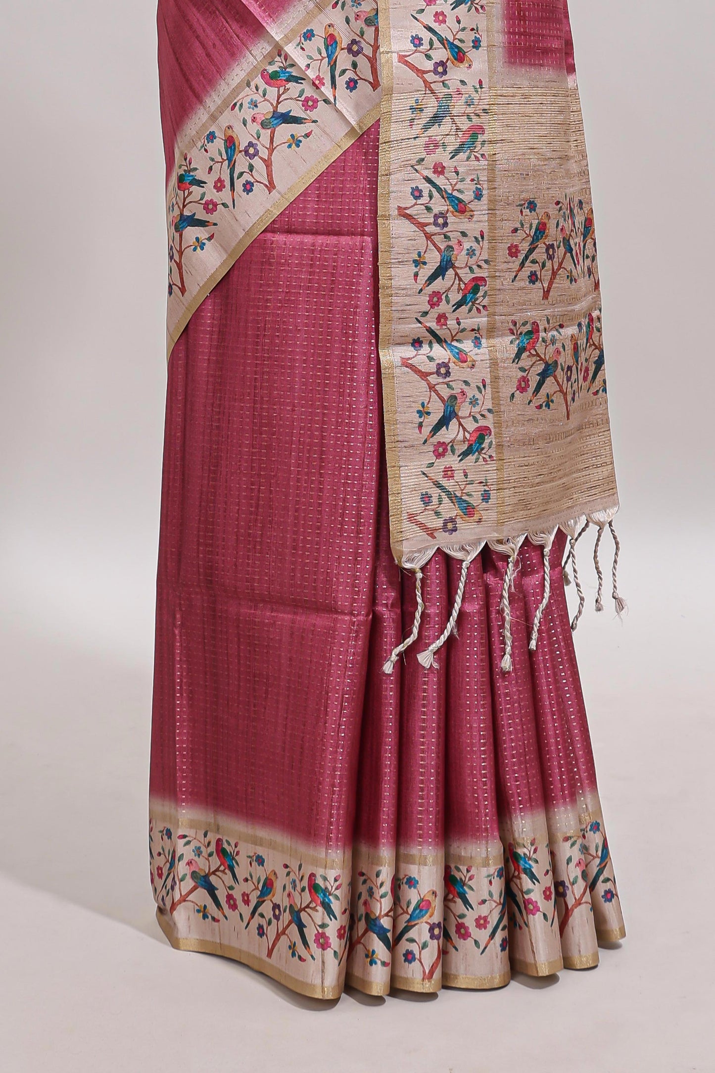 Pink striped tussar saree with contrast birds & floral design border and floral printed blouse