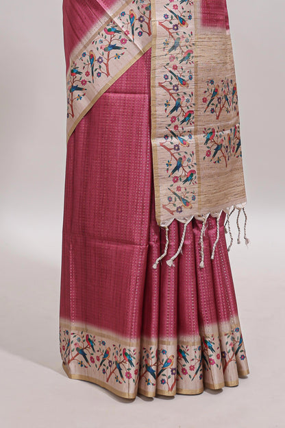 Pink striped tussar saree with contrast birds & floral design border and floral printed blouse