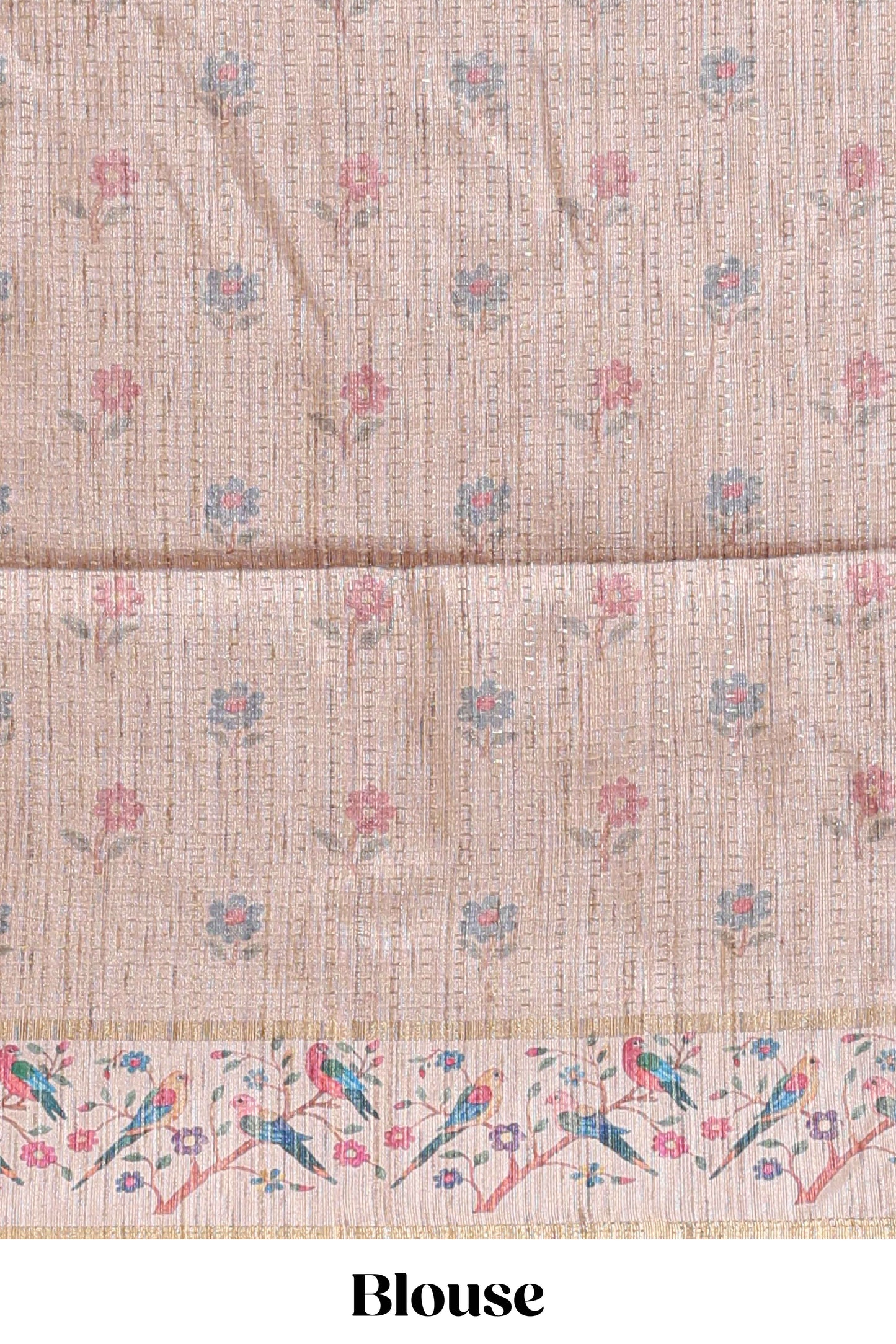 Pink striped tussar saree with contrast birds & floral design border and floral printed blouse