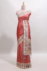 Peach striped tussar saree with contrast birds & floral design border and floral printed blouse