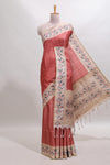 Peach striped tussar saree with contrast birds & floral design border and floral printed blouse