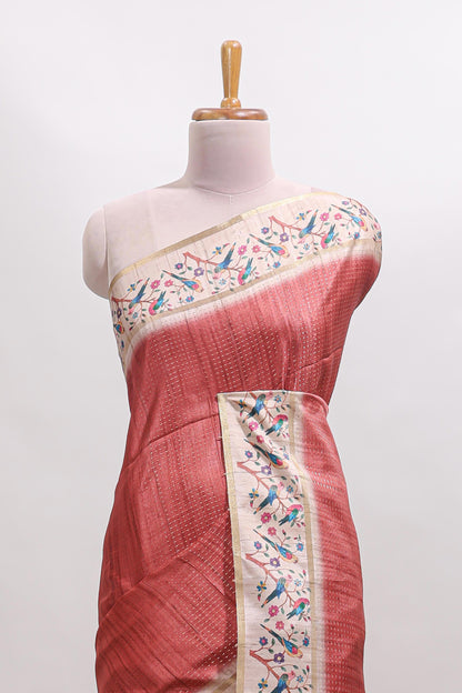 Peach striped tussar saree with contrast birds & floral design border and floral printed blouse