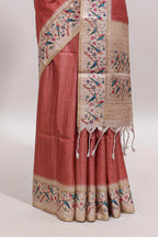 Peach striped tussar saree with contrast birds & floral design border and floral printed blouse