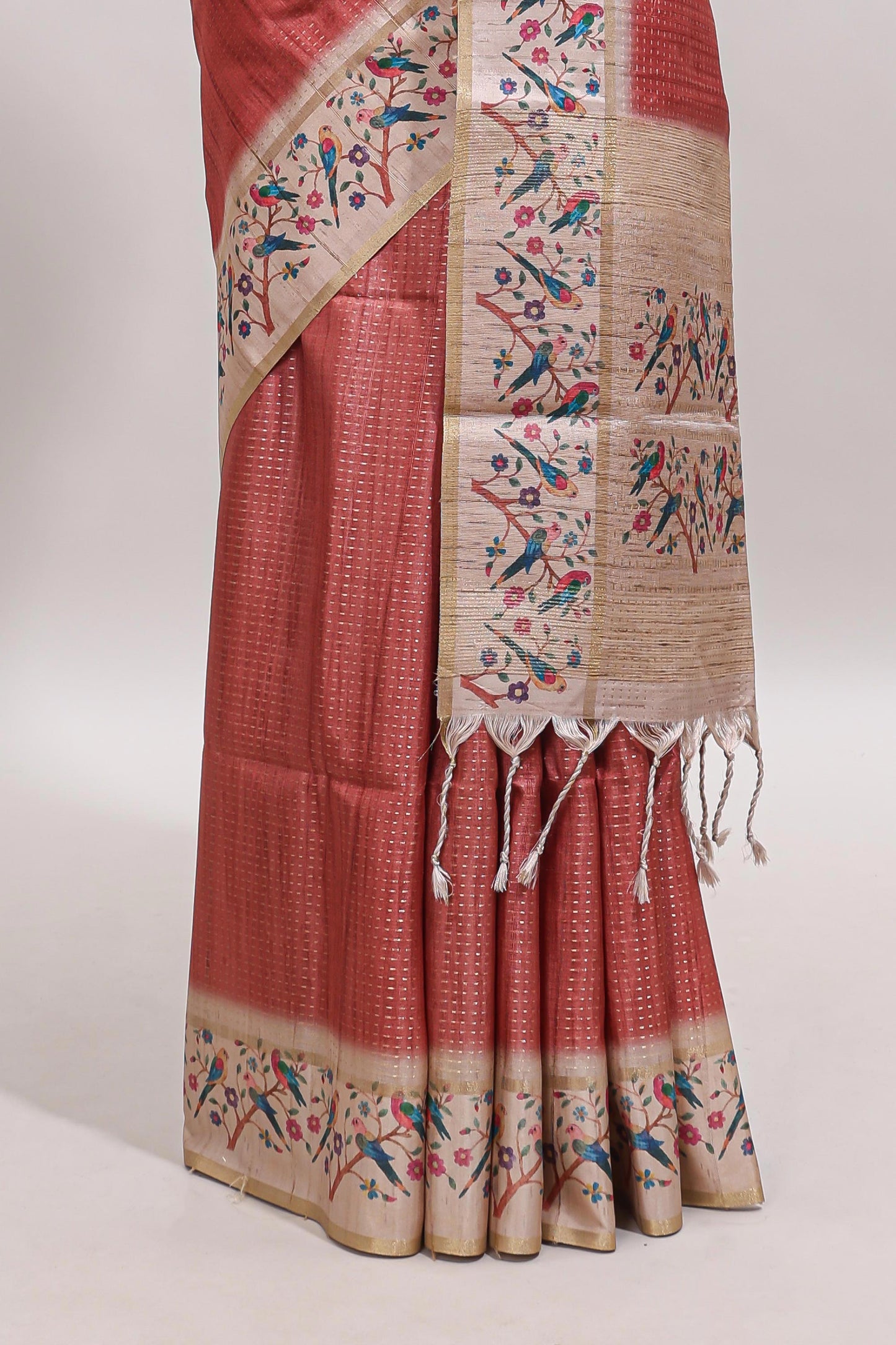 Peach striped tussar saree with contrast birds & floral design border and floral printed blouse