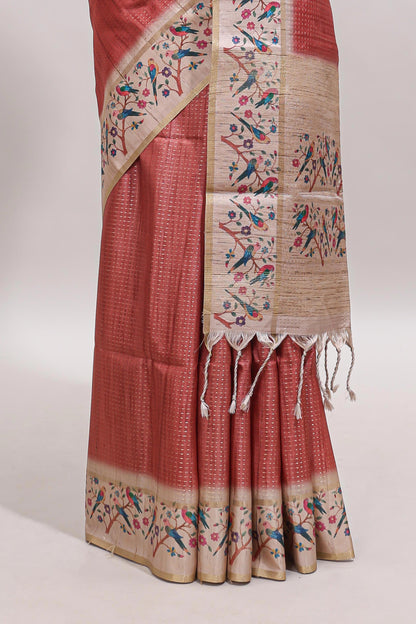 Peach striped tussar saree with contrast birds & floral design border and floral printed blouse