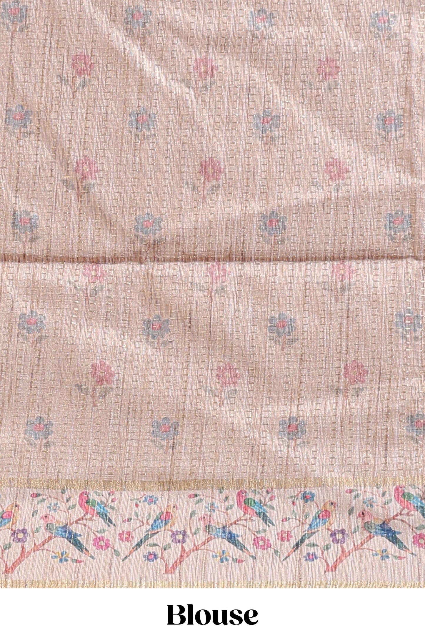 Peach striped tussar saree with contrast birds & floral design border and floral printed blouse