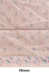 Peach striped tussar saree with contrast birds & floral design border and floral printed blouse