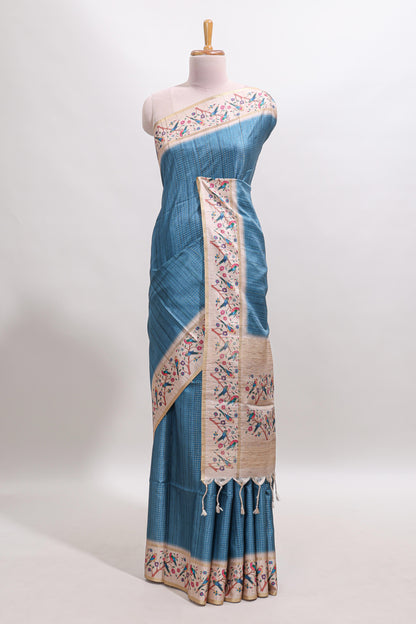 Blue striped tussar saree with contrast birds & floral design border and floral printed blouse