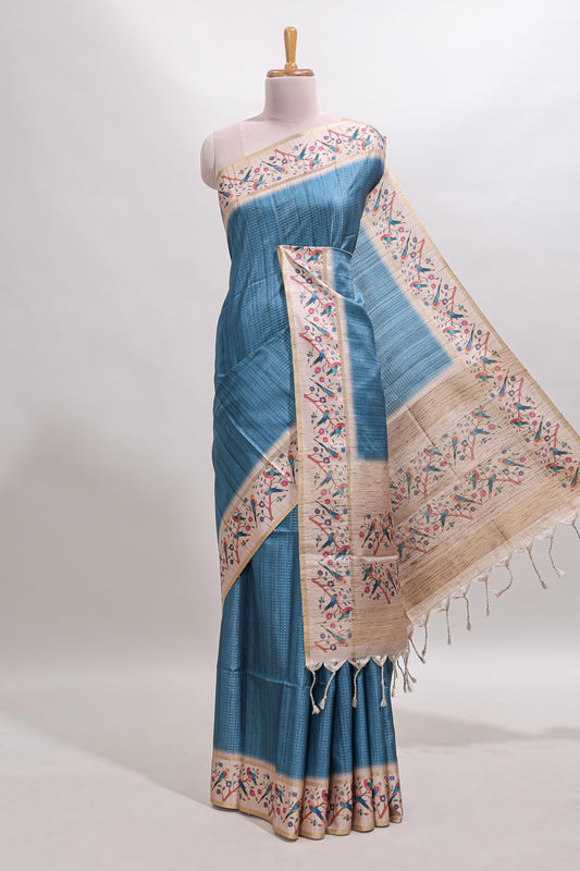 Blue striped tussar saree with contrast birds & floral design border and floral printed blouse
