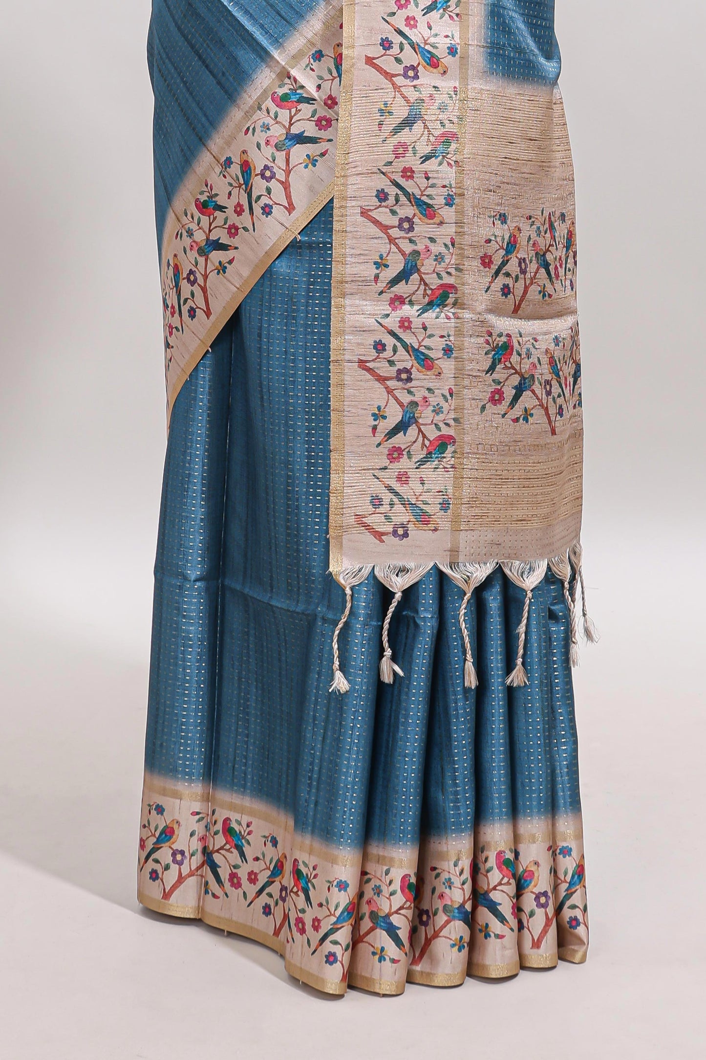 Blue striped tussar saree with contrast birds & floral design border and floral printed blouse