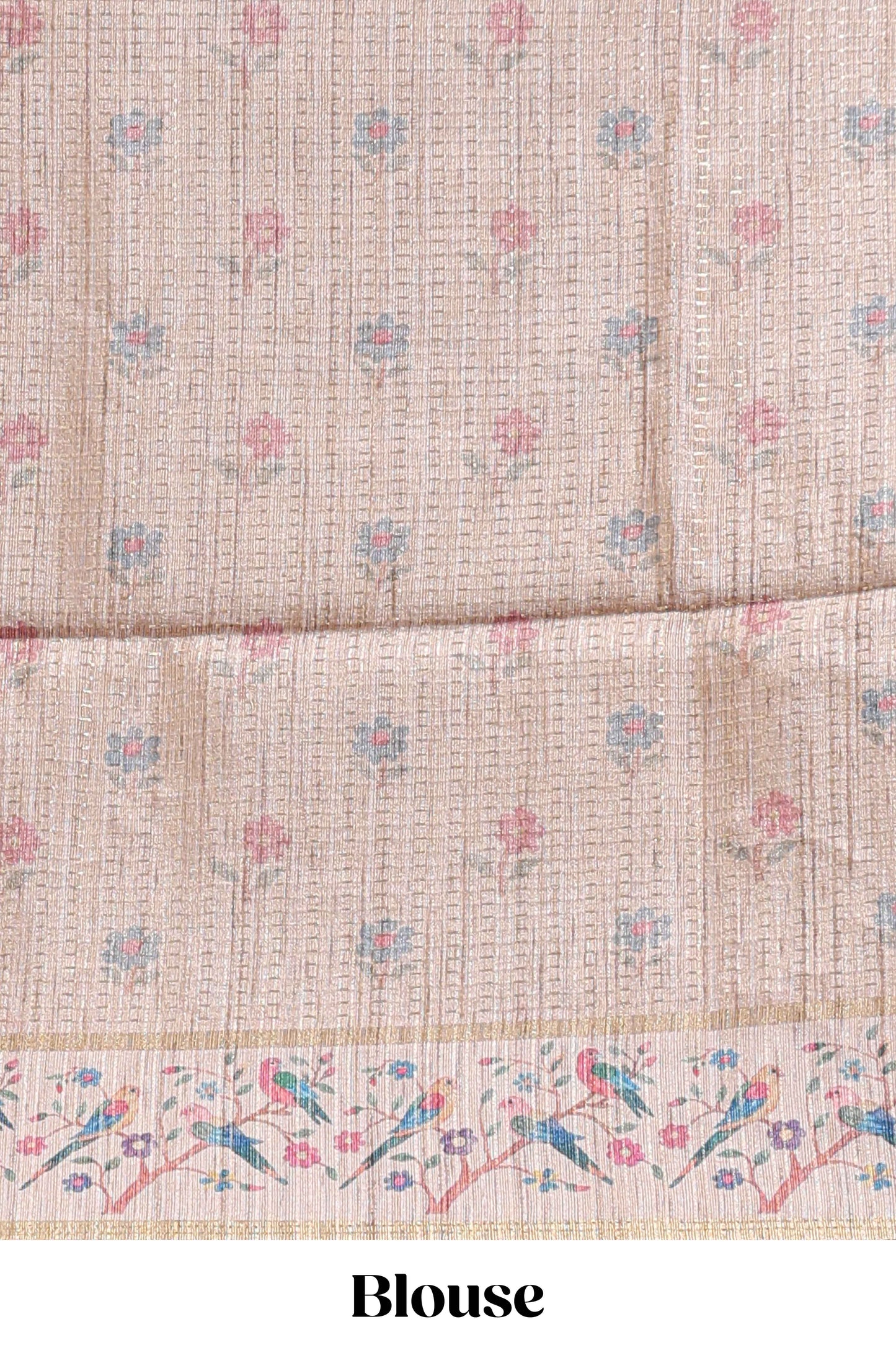 Blue striped tussar saree with contrast birds & floral design border and floral printed blouse