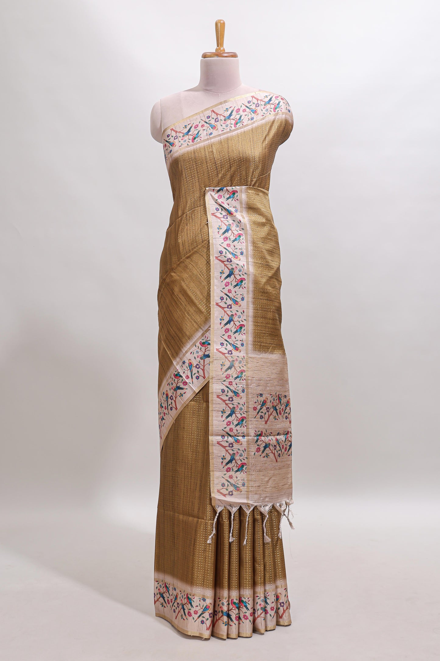 Sandal striped tussar saree with contrast birds & floral design border and floral printed blouse