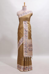 Sandal striped tussar saree with contrast birds & floral design border and floral printed blouse