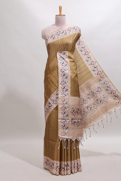 Sandal striped tussar saree with contrast birds & floral design border and floral printed blouse