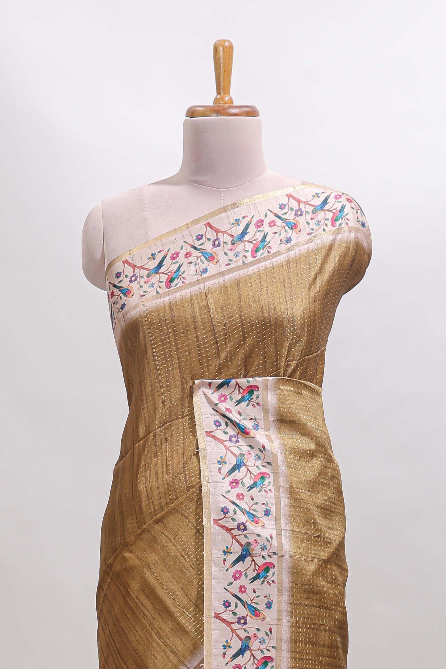 Sandal striped tussar saree with contrast birds & floral design border and floral printed blouse