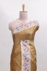 Sandal striped tussar saree with contrast birds & floral design border and floral printed blouse